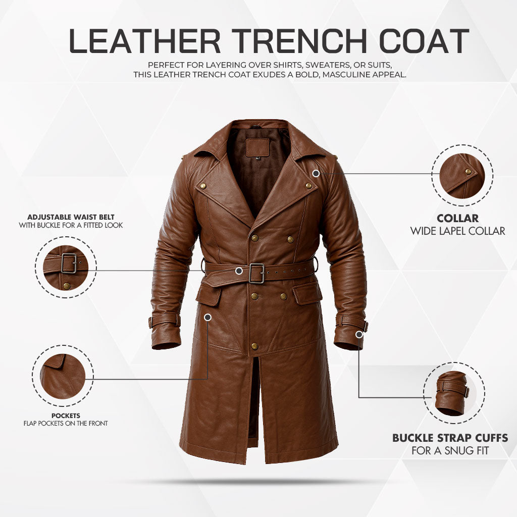 Buy Men’s Winter Trench Coat Faux Leather – Full Length Brown Overcoat, Classic Long Peacoat for Effortless Style, Winter Warmth & All-Season Versatility