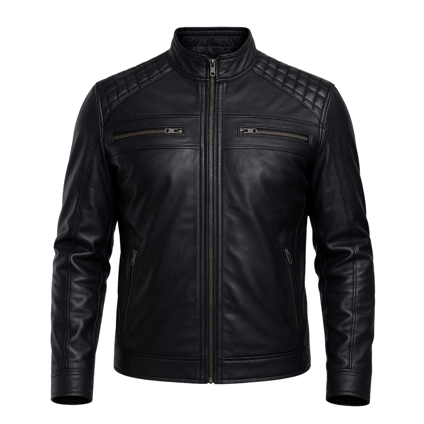 Buy Men’s Black Leather Jacket with Shoulder Pads – Rugged Protection & Tailored Everyday Style