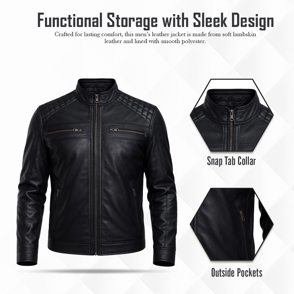 Buy Men’s Black Leather Jacket with Shoulder Pads – Rugged Protection & Tailored Everyday Style