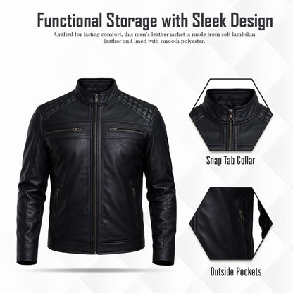 Buy Men’s Black Leather Jacket with Shoulder Pads – Rugged Protection & Tailored Everyday Style