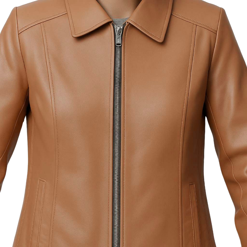 Buy Women’s Zipper Brown Leather Jacket – Modern Fit, Premium Leather & Effortless Everyday Style