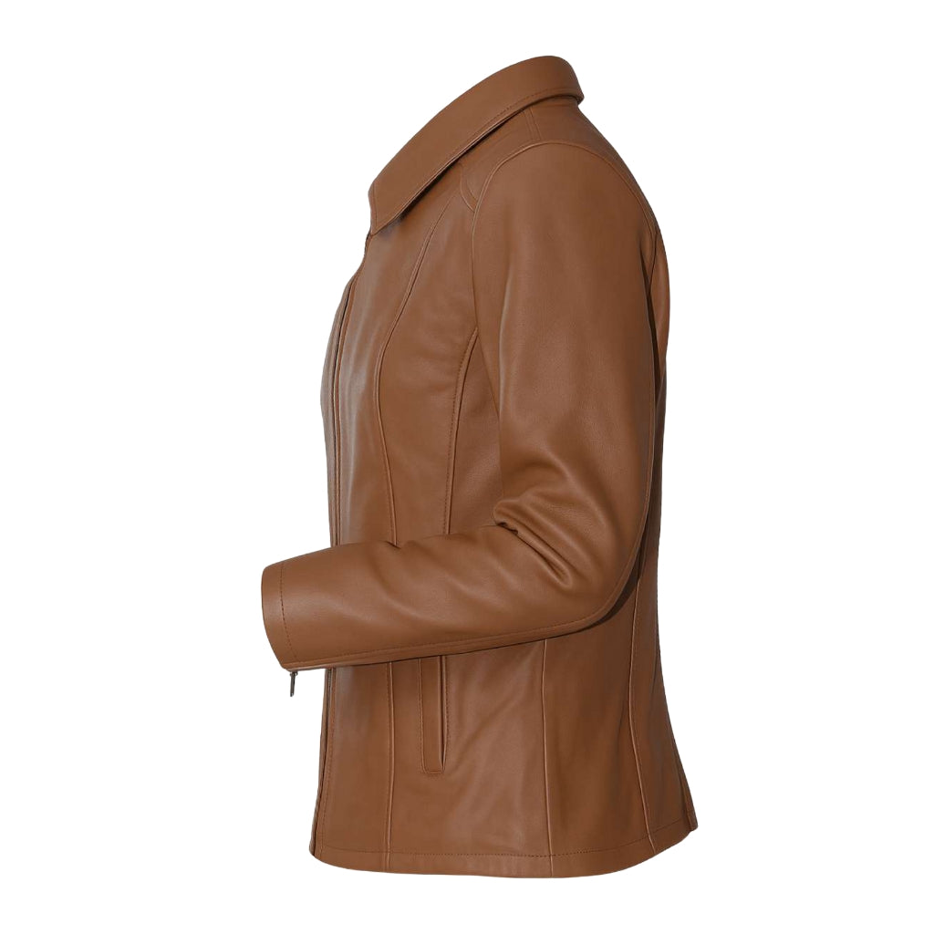 Buy Women’s Zipper Brown Leather Jacket – Modern Fit, Premium Leather & Effortless Everyday Style