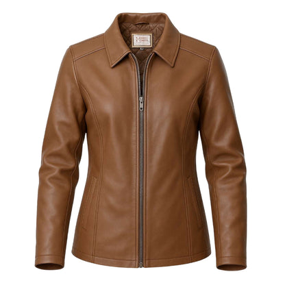 Buy Women’s Tan Leather Zipper Jacket – Tailored Fit, Premium Leather & Everyday Elegance