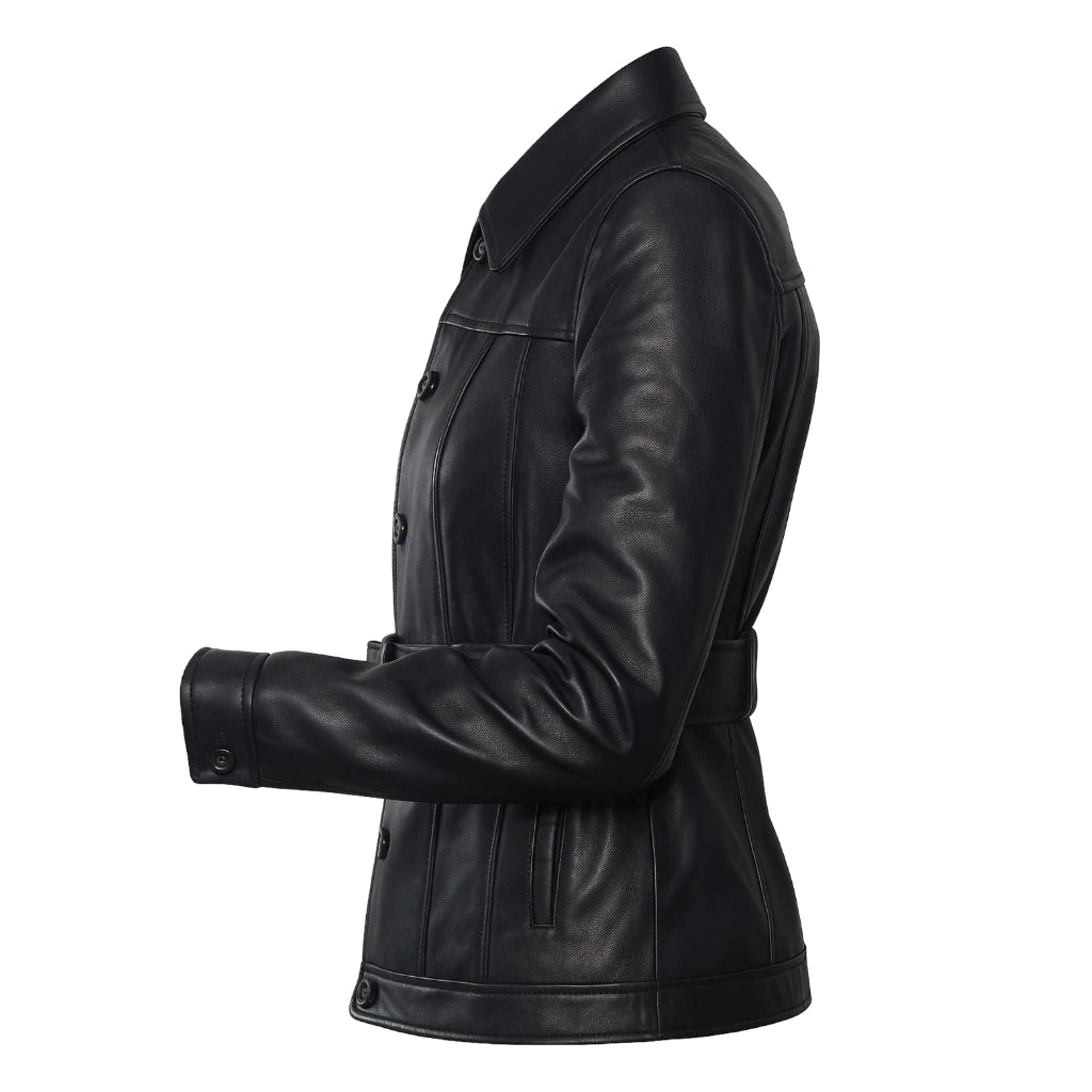 Buy Ladies Leather Black Trench Coat – Premium Leather Elegance with Classic Timeless Design