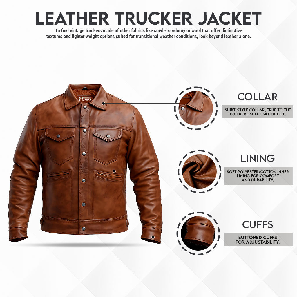 Buy Men Brown Vintage Leather Trucker Jacket – Genuine Leather Icon for Rugged Style, Everyday Comfort, Winter Warmth & All-Season Versatility
